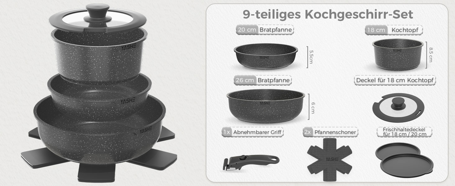 Набір каструль та сковорідок YASHE 9 шт. з антипригарним покриттям, білий (сірий), для всіх плит, знімний ручка, сумісний з духовкою, компактний, складений