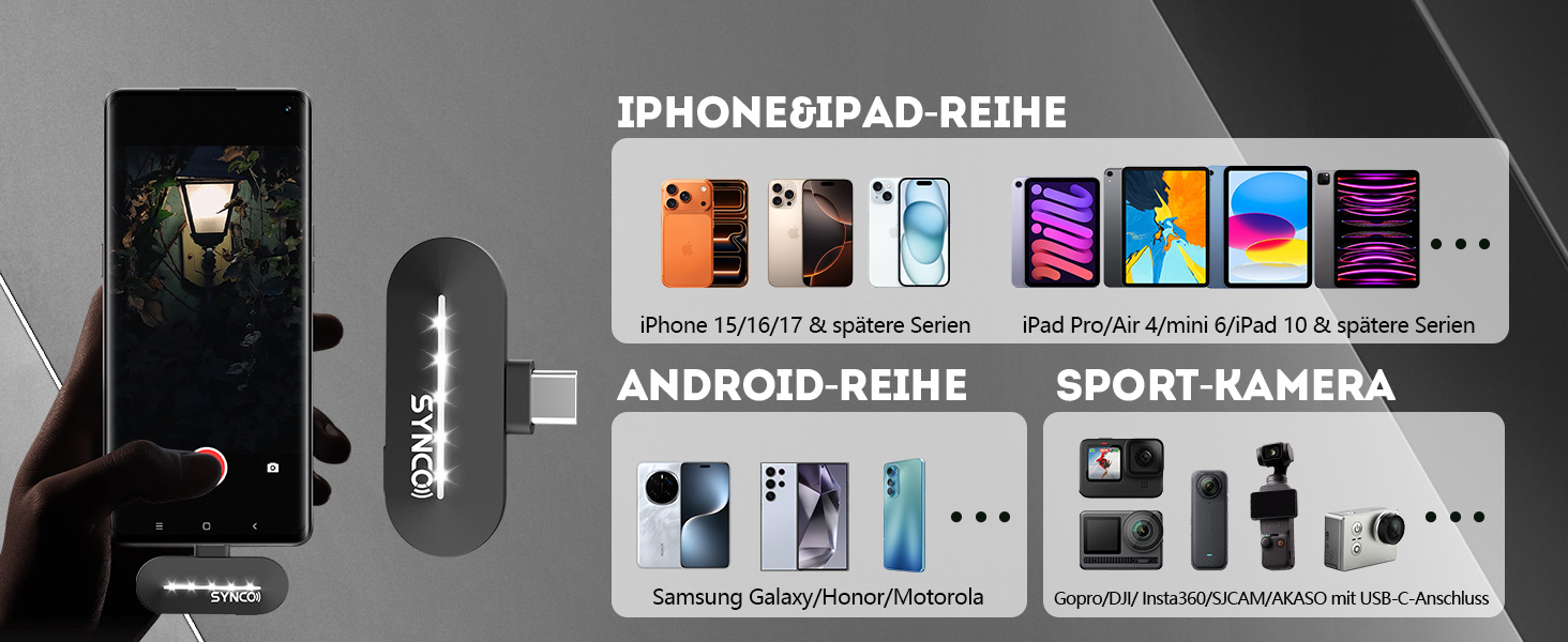 Бездротовий мікрофон-петличка SYNCO P2ST для iPhone 15/16/17 та Android (USB-C, HiFi, з чохлом для зарядки)