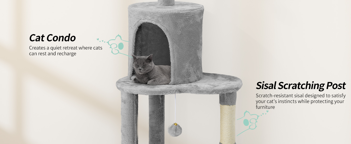 Кігтеточка YITAHOME XXL для котів, 142 см, сіра, з 8 стовпчиків сизалю, 3 платформи, 2 печери, гамак, іграшки, кігтешкребок, кріплення для лазіння