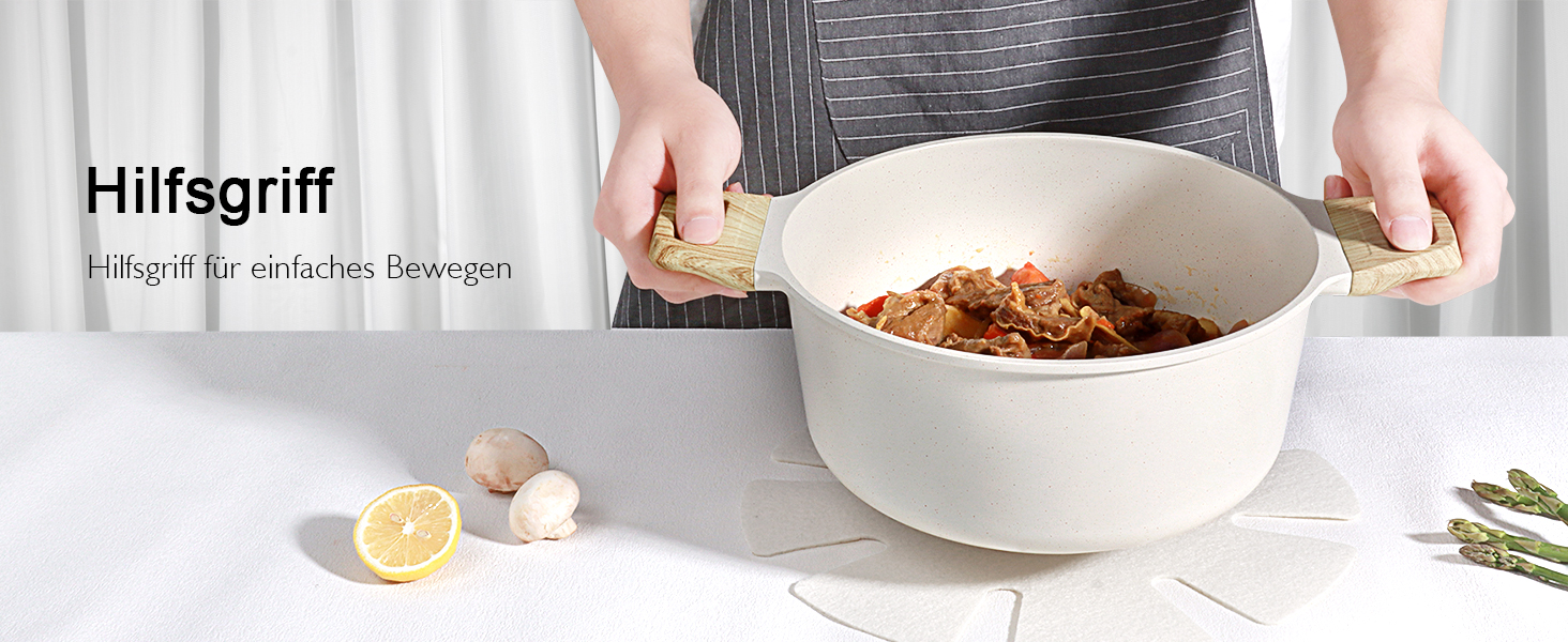 Набір посуду GiPP 17-ти частинний: каструлі, сковорідки з антипригарним покриттям, сковорідки 24+28 см, каструля 4.2 л, каструлі 16+18 см, сковорода для омлету з 4-ма отворами, лопатка та ложка, підходить для всіх типів плит (білий)