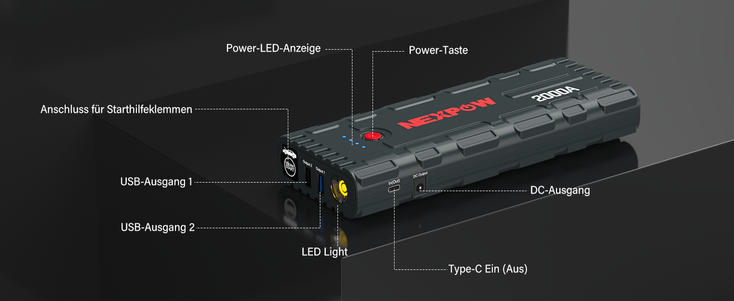 Powerbank NEXPOW Starthilfe: портативний пусковий пристрій для авто 2000A, 12V, USB-швидка зарядка 3.0 (до 7.0L бензин/6.5L дизель), LED-ліхтар, сірий