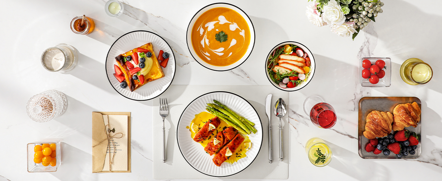 Набір посуду MALACASA LEILA для 6 осіб, 24 предмета: тарілки, миски, порцеляна, ручне рельєфне оформлення, підходить для мікрохвильової печі та посудомийної машини, білий з чорним контуром