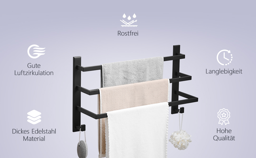 Тримач для рушників без свердління для ванної кімнати | Без бактерій | Приховані шурупи | Тримач для рушників з гачками - нержавіюча сталь SUS 304, чорний
