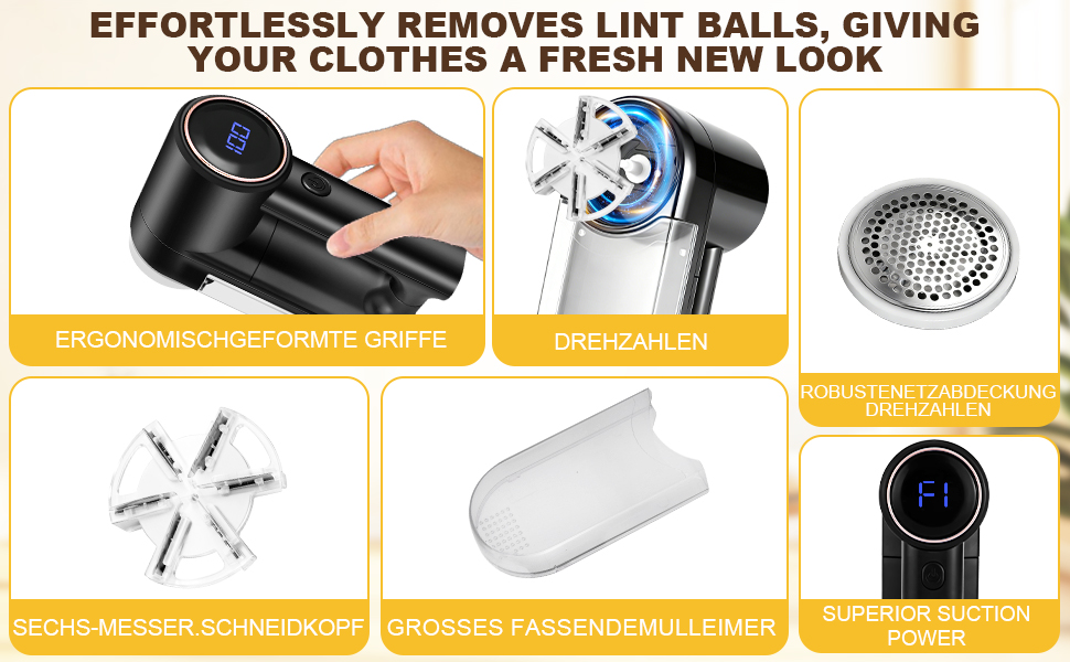 Електричний видалення ворсу Fusselrasierer: 3 режими, 6-клинковий насадка, LCD-дисплей, безпечний, для різних тканин, чорний