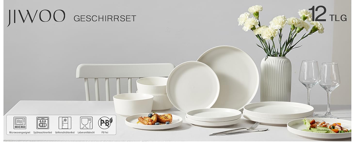 Набір посуду Jiwoo для 4 осіб (12 предметів): тарілки, супові миски, десертні тарілки - Bone China, сучасний дизайн, безпечно мити в посудомийній машині та використовувати в мікрохвильовці