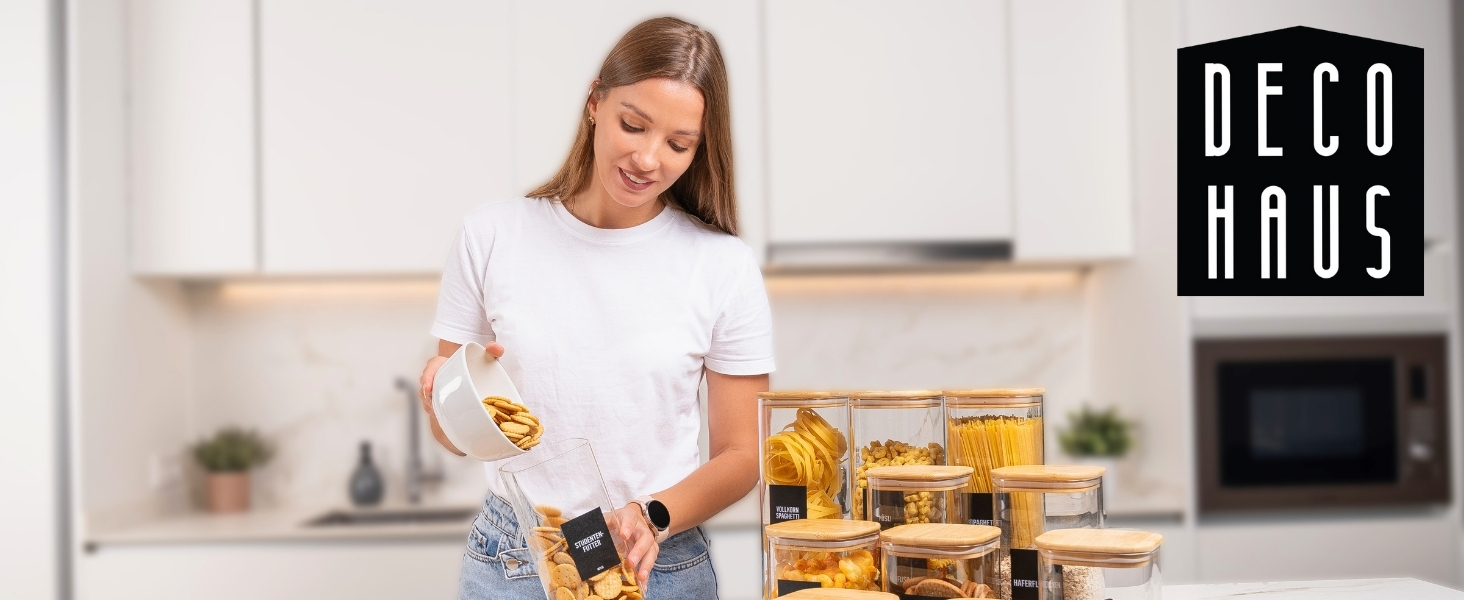 Скляні банки для зберігання Deco haus® з кришкою, набір 6 шт. [+ЕТИКЕТКИ] - 10x21 см