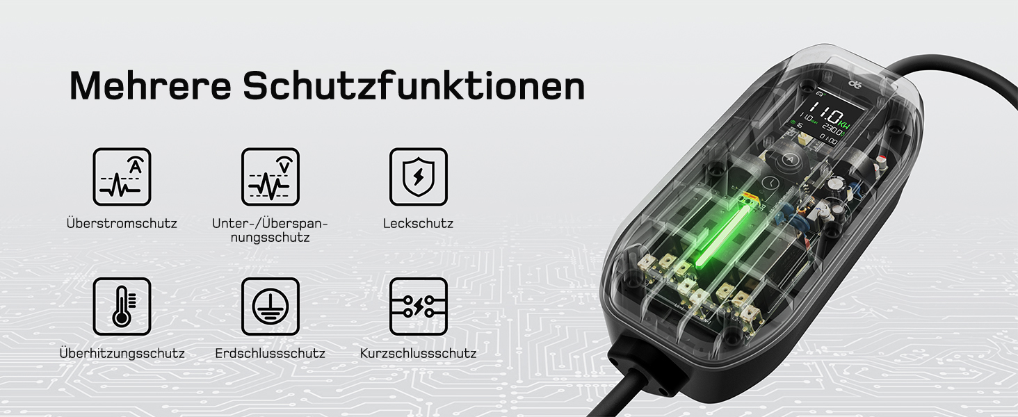 Мобільна зарядна станція для електромобілів Dé 11 кВт (3 фази, 7м, 6-16A) з регулюванням потужності, кабель CEE 16A на Typ 2, сумісна з Model Y/3, ID.3/4/5, MG4, EX30, e-up, e-tron, Zoe та іншими електромобілями