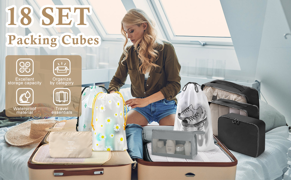 Набір органайзерів для валізи 18 шт., водонепроникні Packing Cubes, бежевий. Організатори для подорожей з чохлами для одягу