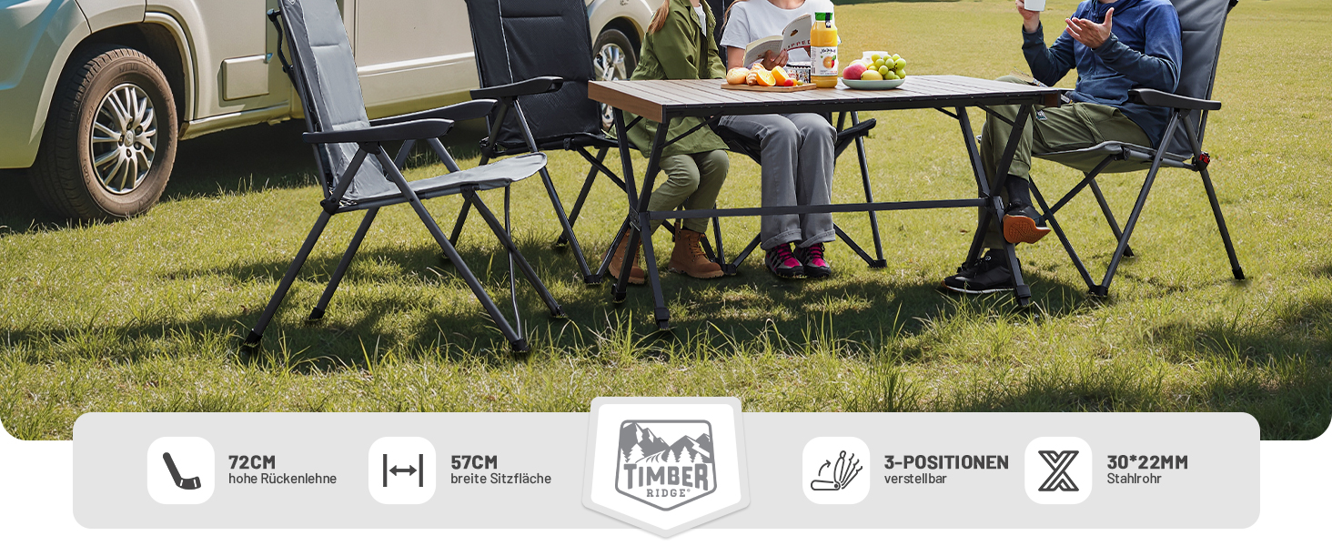 Кампінговий стілець розкладний Timber Ridge 2 шт, чорний, з високою спинкою, 3 положення, до 160 кг, широкий сидіння 57 см, для кемпінгу, балкону, дачі