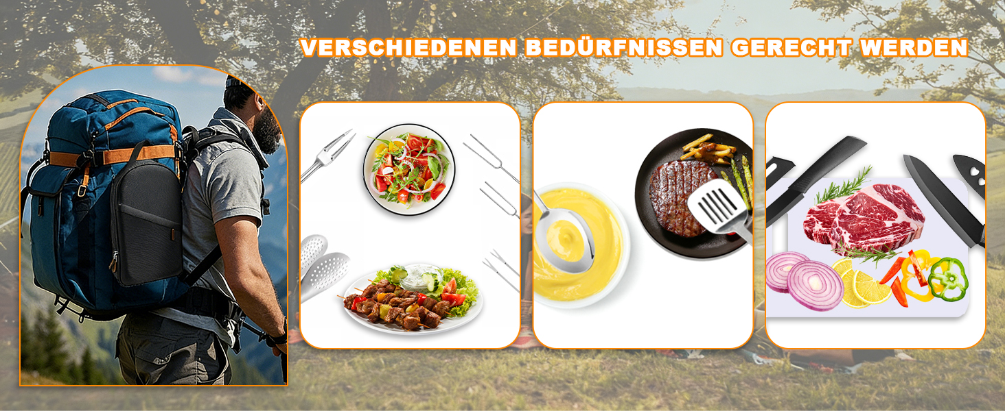 Набір кухонного приладдя для кемпінгу TIHOOK 36 шт. з нержавіючої сталі, з органайзером та 10 шампурами для гриля, для пікніків, походів та кемпінгу