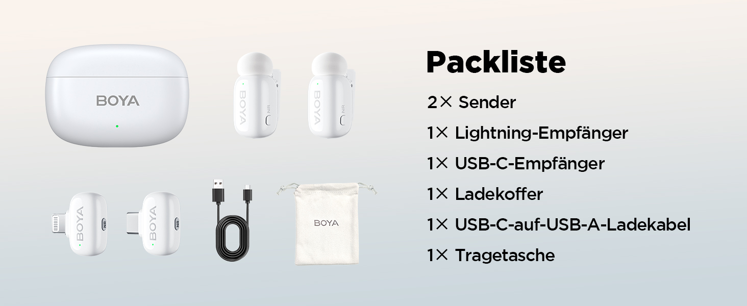 BOYA Mini 2: Бездротовий петличний мікрофон для iPhone 15/16/17 та Android (USB-C), 48kHz/24Bit, для Vlogging та TikTok, білий