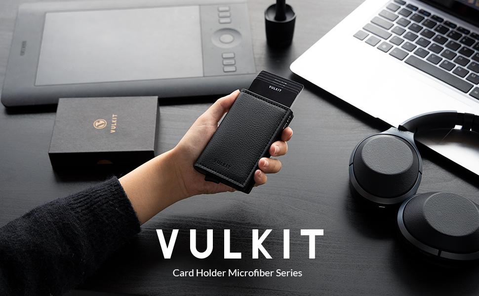 Чоловічий гаманець-картхолдер VULKIT зі шкіри з RFID захистом, чорний (Litchi). Місткість: 5-7 карт + гроші