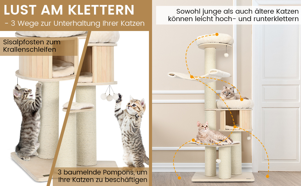 Дерев'яний котячий комплекс COSTWAY 197 см з гамаком, будиночком та кошиком, 7-ярусний, бежевий