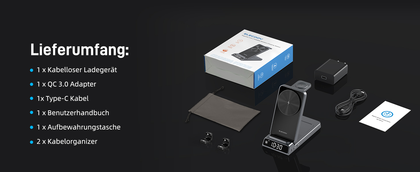 Зарядна станція 3-в-1 бездротова для iPhone, Apple Watch, AirPods, з годинником, для подорожей