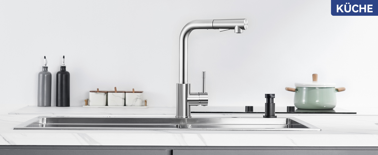 Змішувач кухонний Sofetiy висувний з душем, нержавіюча сталь, 360° поворот, одноlever, 2 режими струменя