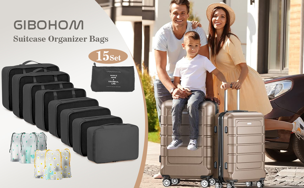 Органайзер для валізи GIBOHOM, набір 15 шт., водонепроникні чохли для одягу, туристичний органайзер, чорний