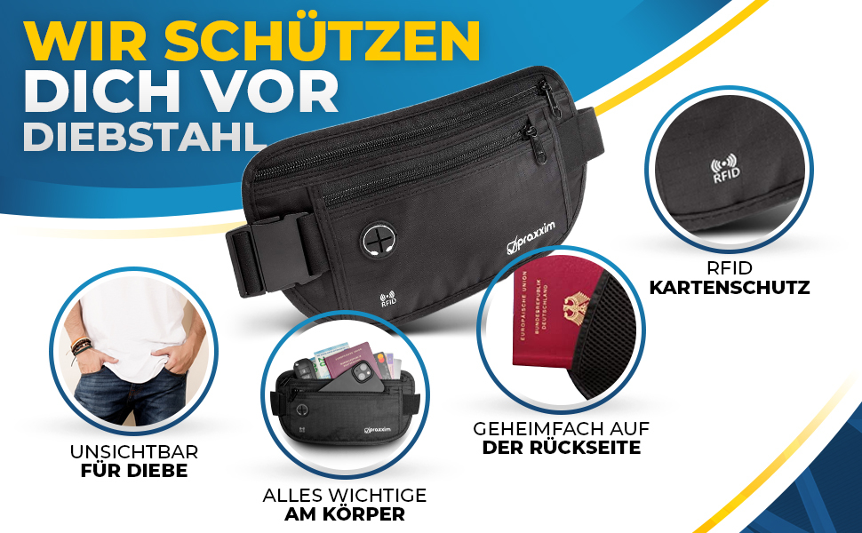 Чоловіча та жіноча поясна сумка-бананка для подорожей з захистом від крадіжок та RFID-захистом. Чорна.