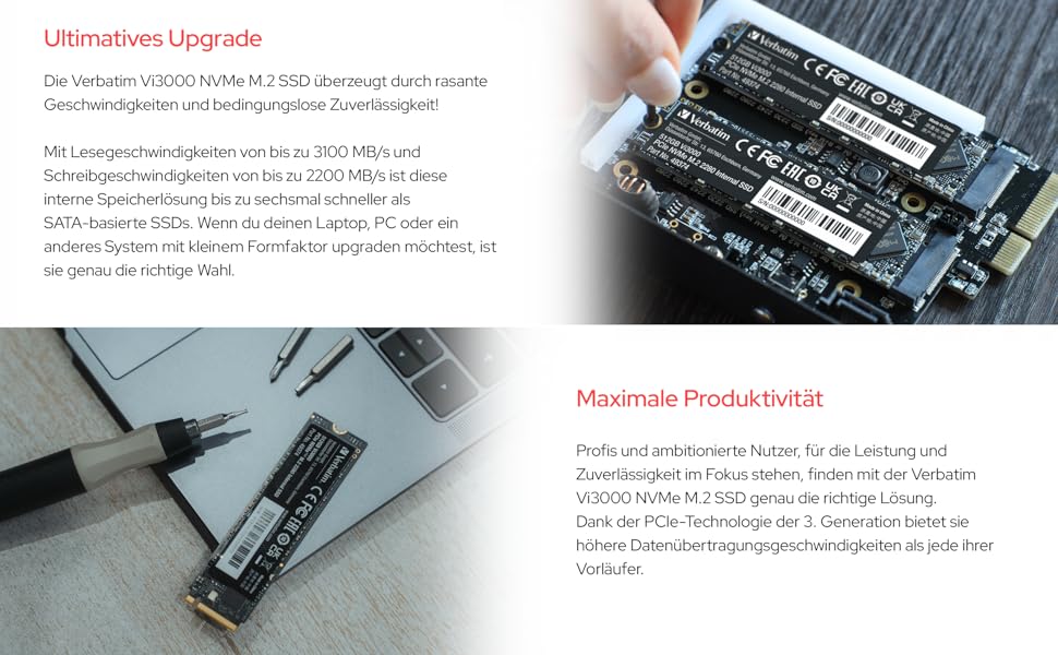 Verbatim Vi3000 NVMe SSD 1 TB: Швидкий M.2 SSD для ПК та ноутбука, PCIe Gen 3, 3.100 MB/s