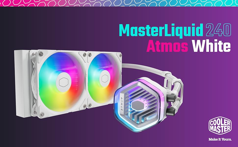 Система водяного охолодження Cooler Master MasterLiquid 360 Stealth для CPU – AIO, 300W, подвійна помпа, вентилятори Mobius 120, LGA1851/1700/AM5/AM4, білий Atmos 240