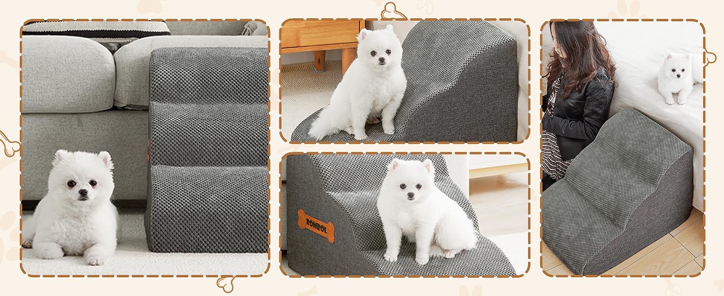 Сходинка для собак та котів ROMROL 3 сходинки - сіра, з неслизьким покриттям, з високощільним пінополіуретаном, для допомоги при входженні на диван та ліжко, захист суглобів