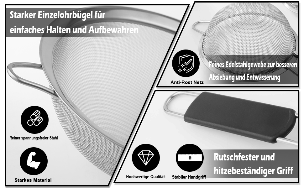 Набір сит кухонних, 3 шт. (8, 16, 18 см), нержавіюча сталь. Сито для борошна, макаронів, кіноа з неслизькими, ізольованими ручками. Набір сит з дрібною сіткою з пластиковою ручкою