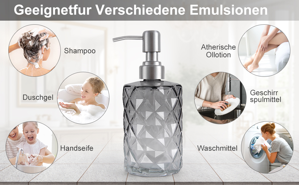 Дозатор мила скляний для ванної кімнати, наповнюваний помповий дозатор для кухні з нержавіючим тримачем, 2 підставки, 330 мл, вінтажний дозатор мила з матовим насосом (сірий)
