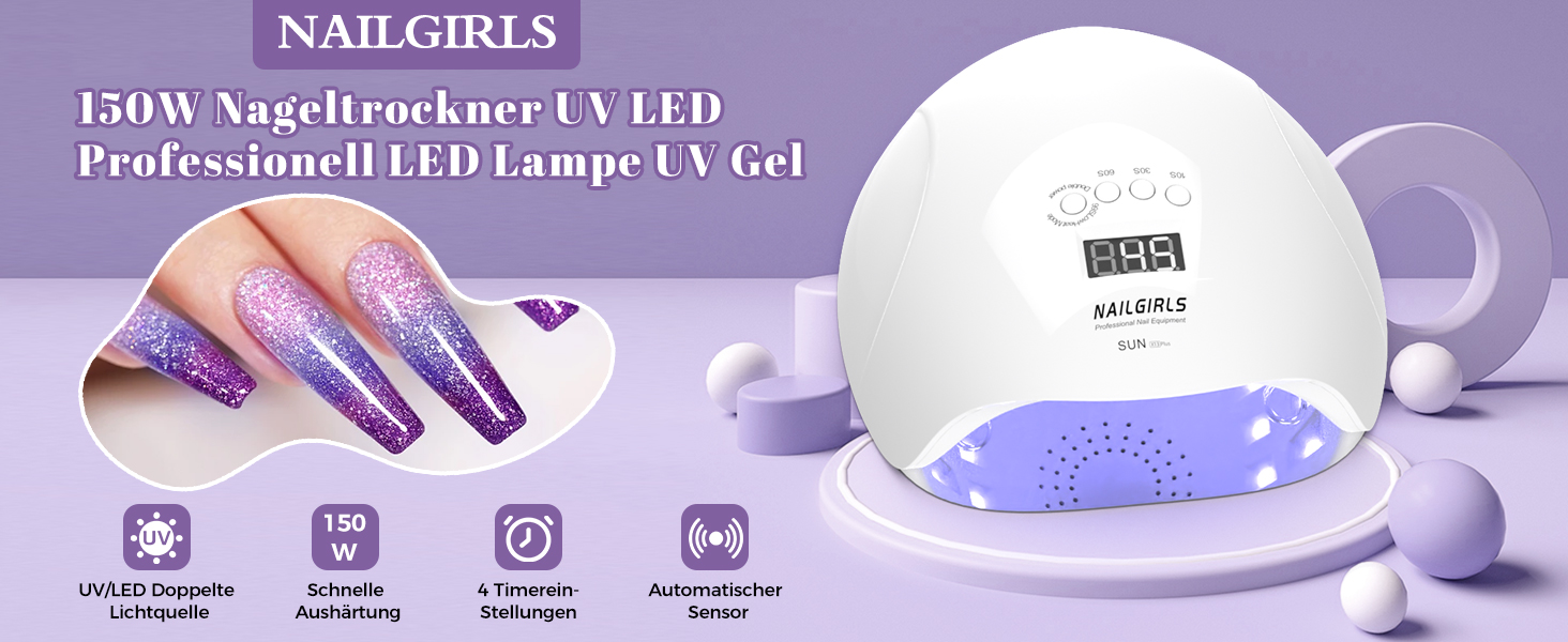 LED UV лампа для нігтів NAILGIRLS 150W з таймером, LCD дисплеєм та знімною магнітною пластиною (біла)