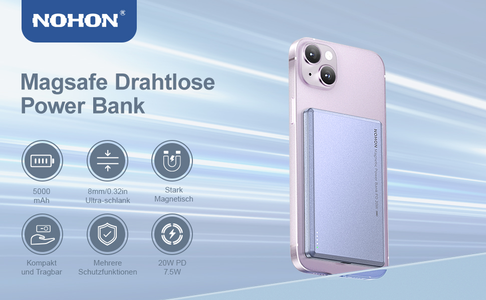 Power Bank NOHON MagSafe: 5000 mAh, Бездротова зарядка, PD 20W, для iPhone 16/15/14/13/12, Ultra Slim, Type-C