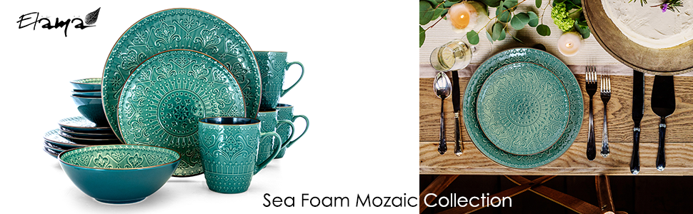 Набір посуду Elama Rund з глазурованого фарфору, рельєфний, 16 предметів, океаново-блакитний та зелений