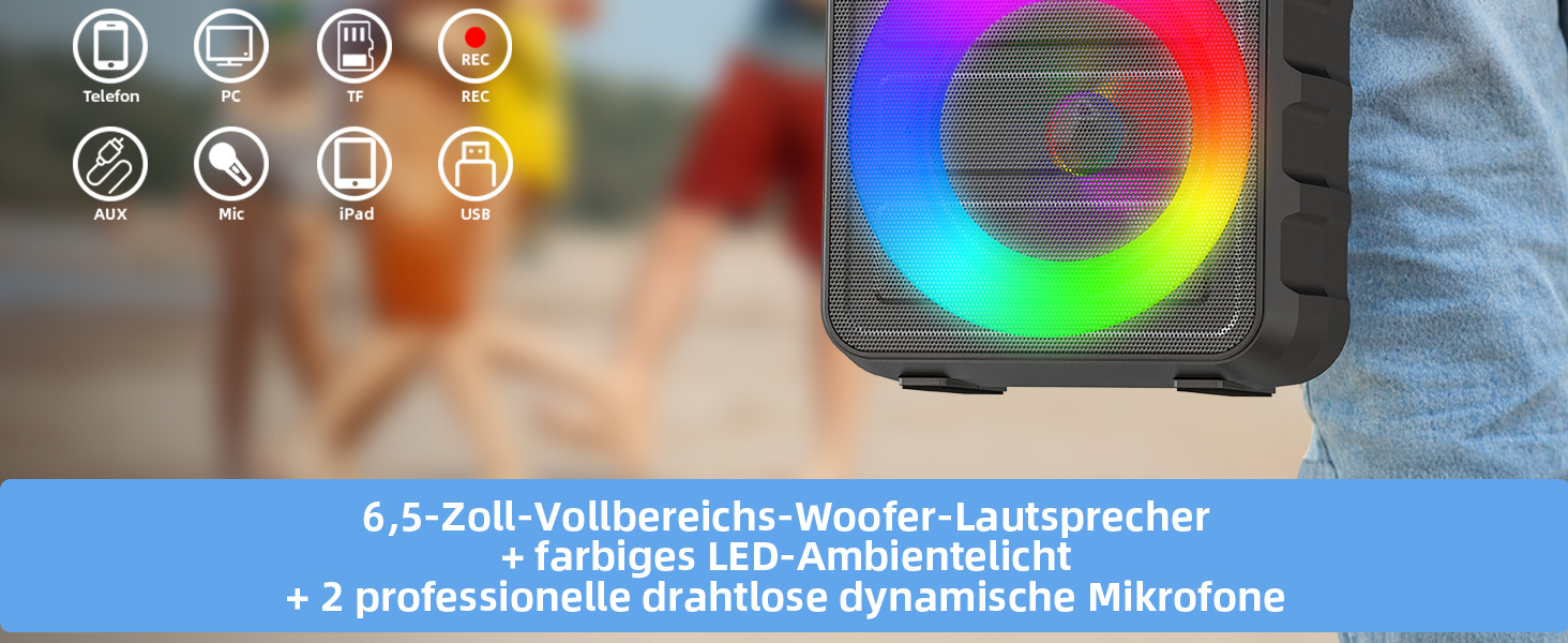 Портативна караоке-машина з 2 мікрофонами та LED-підсвіткою, Bluetooth, AUX, USB, TF, TWS, для вечірок та подарунків (дорослим та дітям)
