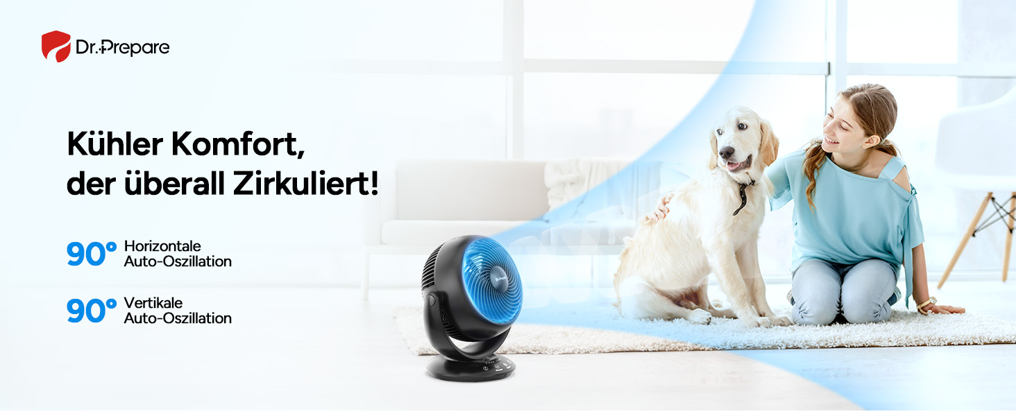 Вентилятор DR.PREPARE настільний, 25 dB, тихий, ефективне охолодження, 3 швидкості, таймер 2-12 годин, осциляція 90°, 10 дюймів