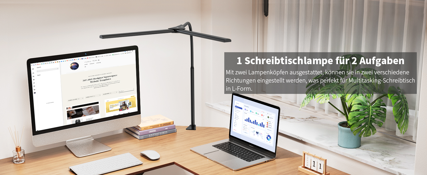 LED Desk Lamp with Adjustable Gooseneck - Dual Head, 1200 Lumens, Eye Protection for Home Office & Study - Black with 5 Color Temperature/Brightness Levels