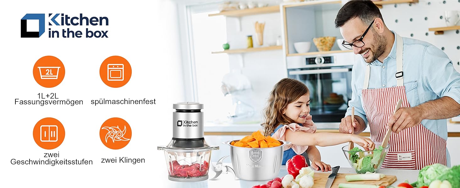 Електричний подрібнювач Zerkleinerer Kitchen in the Box 400W зі скляною (1л) та сталевою (2л) чашами для м'яса, овочів, фруктів та дитячого харчування, сріблястий