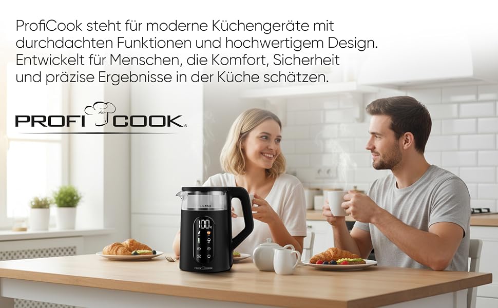 Скляний електрочайник ProfiCook PC WK 1328 G з регулюванням температури 40-100°C, 1.7л, 2200Вт, функція підігріву та швидкого старту