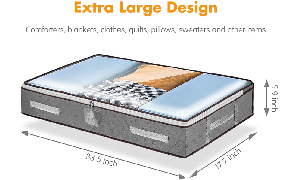 4 шт. Кошики для зберігання під ліжком з кришкою, великі складні коробки для зберігання з блискавкою, органайзери для одягу, постільної білизни та ковдр, посилені ручки (сірий)