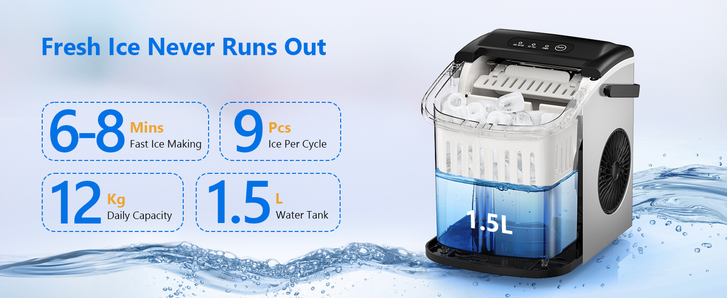 Машина для приготування льоду VINATO, компактна, 9 кубиків за 6-8 хвилин, портативна, продуктивність 12 кг/24 год, тиха робота, з лопаткою та кошиком для кухні, офісу, бару та вечірки, срібна