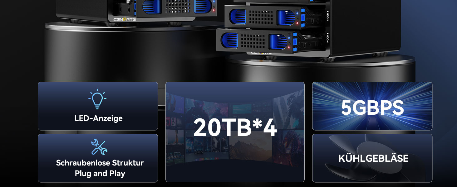 Корпус для жорстких дисків на 4 відсіки з вентилятором для 2.5/3.5' SATA HDD/SSD з USB A/C 3.0 та eSATA кабелем, підтримка Hot-Swapping, 80TB, DAS (без RAID/NAS)