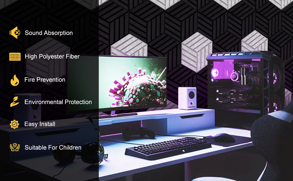 Акустичні гексагонні панелі самоклеючі для стін та стелі, шумопоглинаючі шестигранні плити високої щільності, білі, 30x26x0.9 см, 12 шт.