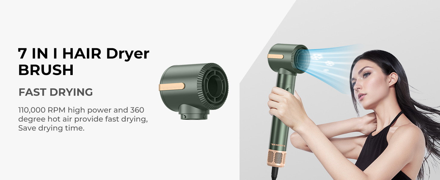 Atopskins Hairstyler: Фен-щітка 7-в-1 для створення зачісок, 110000 RPM, з іонізацією, дифузором, локонами, об'ємом, випрямленням, для волосся, зелений