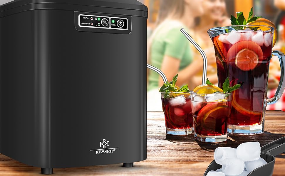 Машина для приготування льоду KESSER® з нержавіючої сталі | 12 кг льоду за 24 години | Швидке приготування (7 хв) | 2.2 л резервуар | 2 розміри кубиків льоду | LED-дисплей | Самоочищення | Чорний