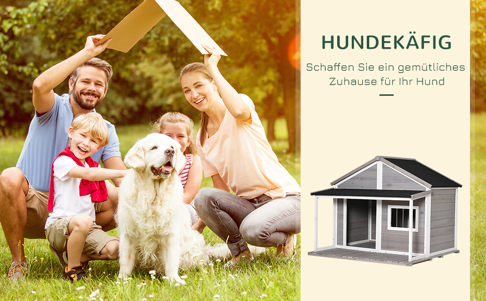 Будка для собак PawHut з масивного дерева, утеплена, з терасою та асфальтовим дахом, для вулиці, сіра, 127 x 112 x 109 см