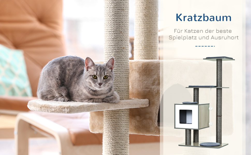 Дерев'яний комплекс для котів PawHut з гамаком, 230-250 см, сірий+кремовий, з захистом від перекидання