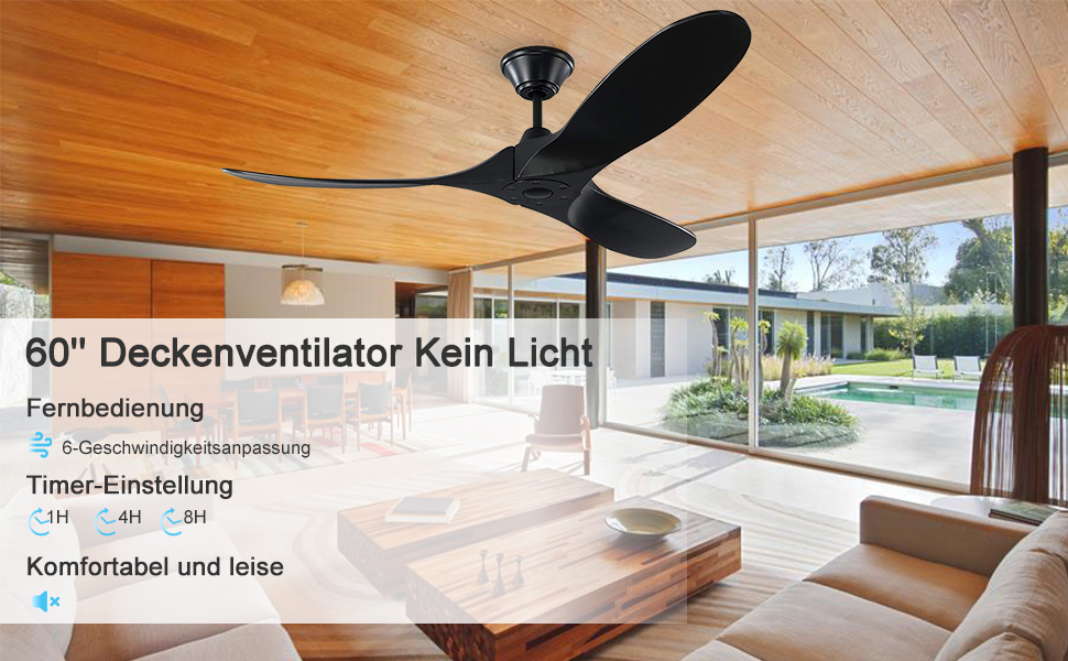 Стеля вентилятор 152 см з ДК-двигуном, 60 дюймів, з пультом керування, 3 лопаті, для дому та вулиці, з таймером (чорний)