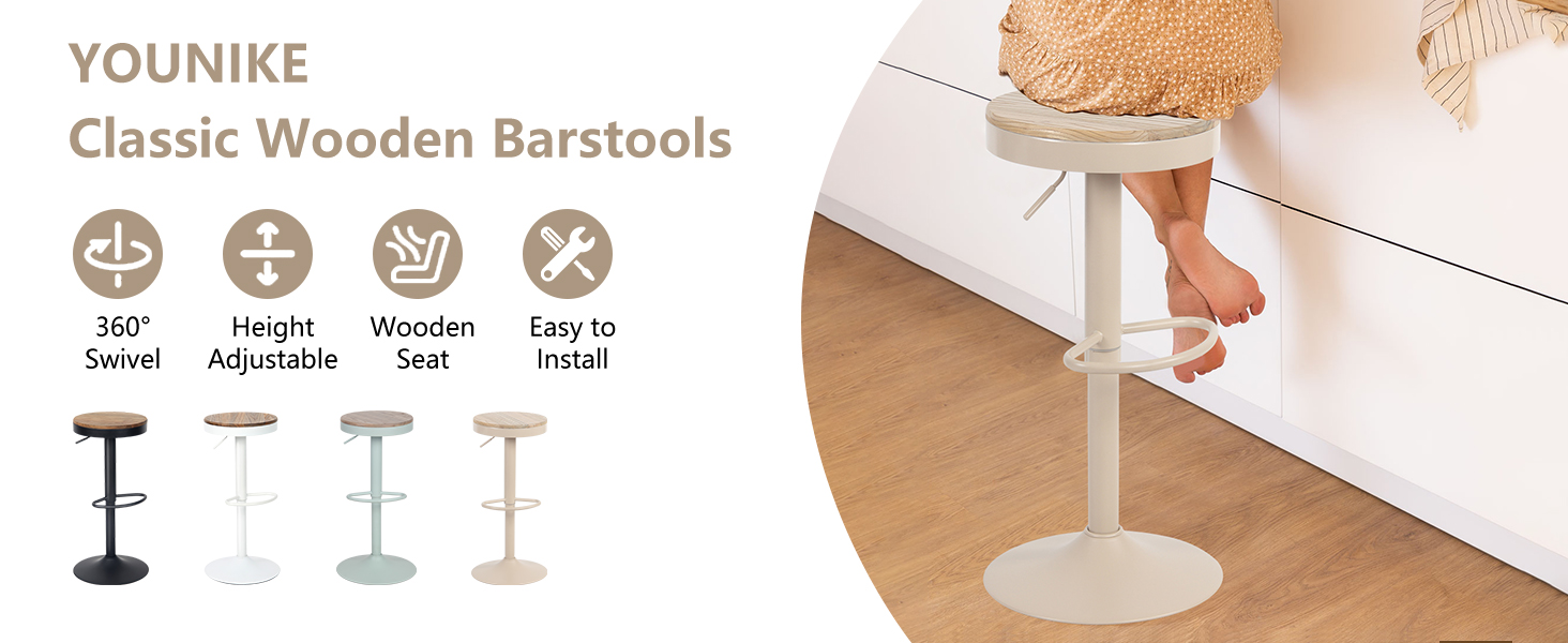 YOUNIKE Adjustable Bar Stools 2-Pack - Wooden Swivel Counter Height Chairs with Footrest for Kitchen & Bar (Vintage, Khaki)