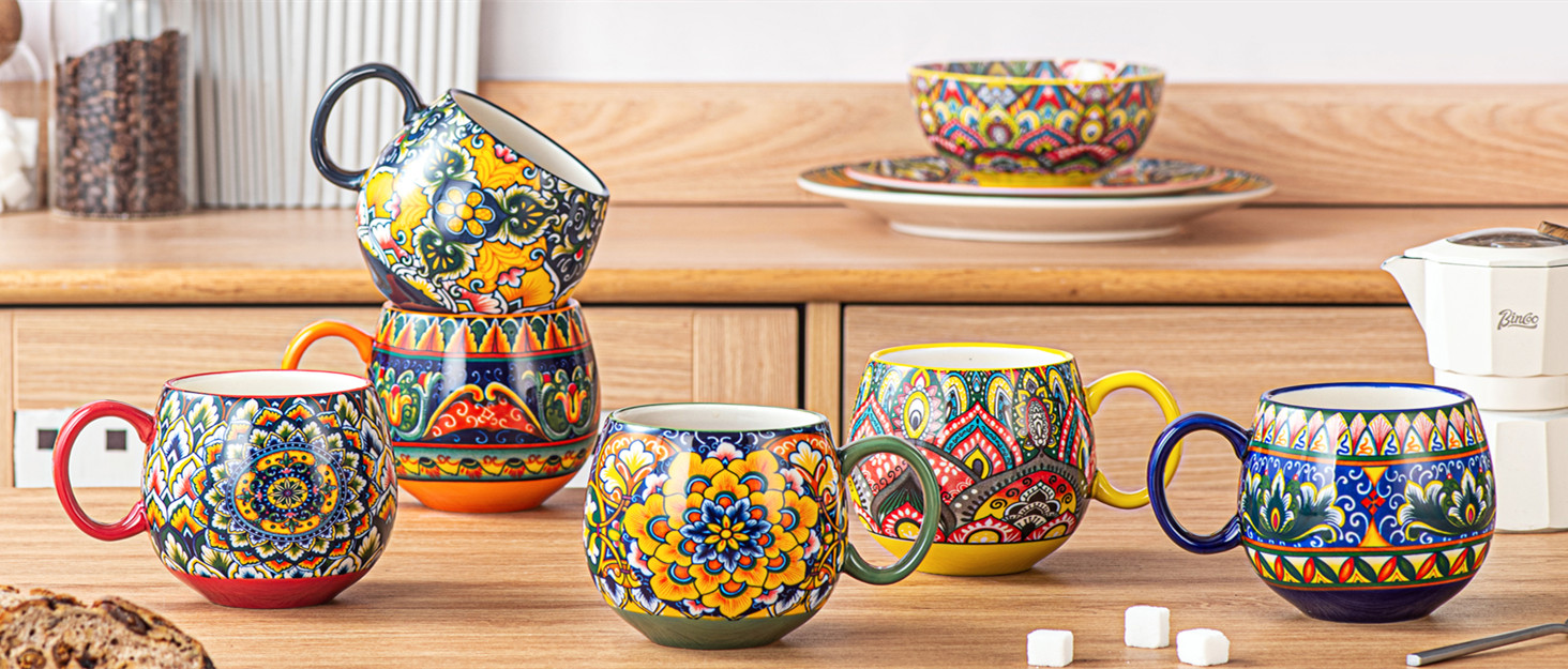 Набір чашок з порцеляни, керамічні чашки капучино/кружки - 600 мл, посуд для 6 осіб, набір чашок для кави - богемний стиль