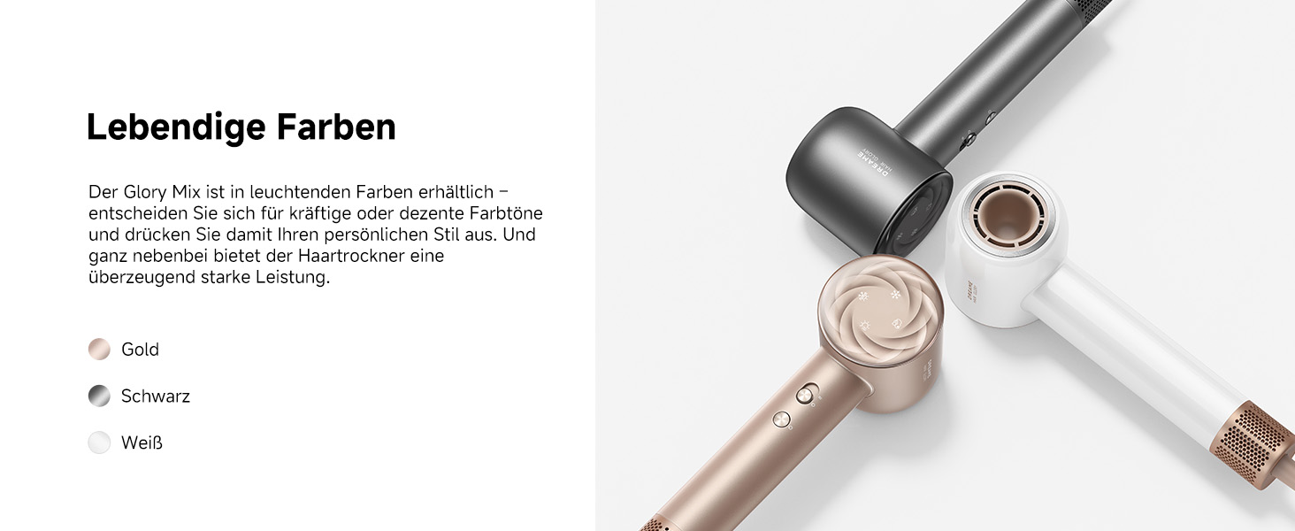 Фен DREAME Hair: Швидке сушіння, 110 000 обертів/хв, іонізація, регулювання температури та потужності, насадки, тиха робота, білий (золотий, Glory Mix)