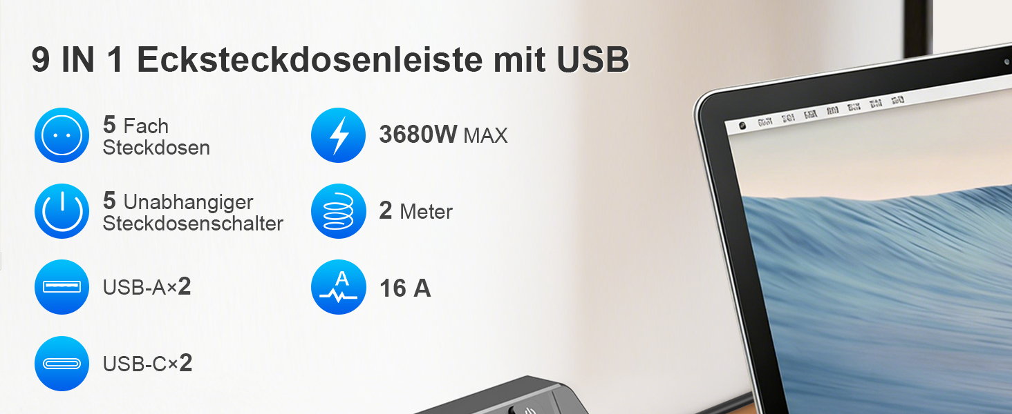 Розподільник розеток з незалежним вимикачем, мережевий фільтр з 4 USB (2 USB-C) + 5 розеток з дитячим захистом, 3680W, 2м подовжувач для кухні, офісу, дому (чорний) 5 розеток Чорний - Розподільник розеток