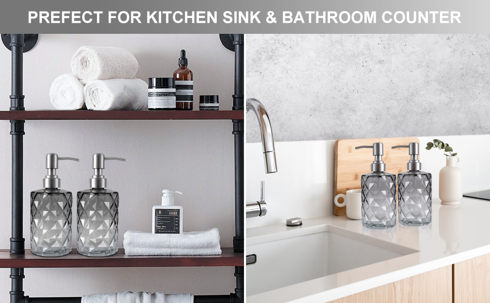 Дозатор мила скляний для ванної кімнати, наповнюваний помповий дозатор для кухні з нержавіючим тримачем, 2 підставки, 330 мл, вінтажний дозатор мила з матовим насосом (сірий)