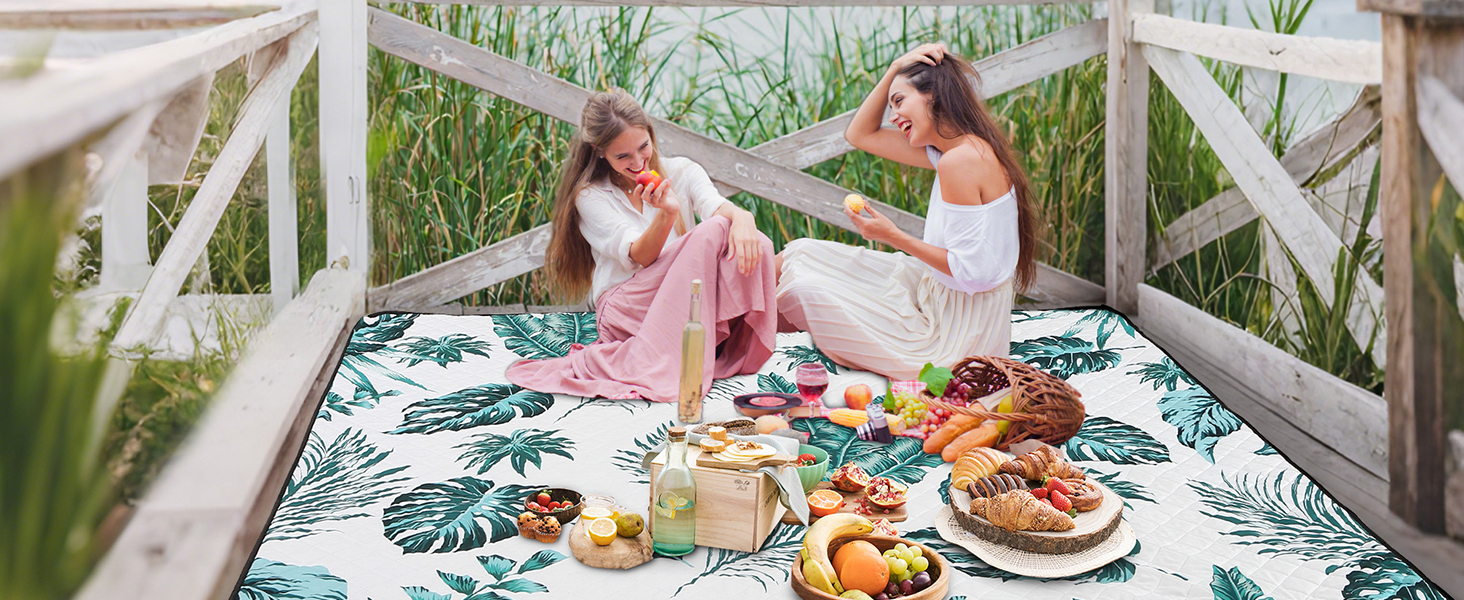 Плед для пікніка HAUSPROFI 200x300 см, водонепроникний, ізольований, XXL. Для пікніка, пляжу, кемпінгу. Бавовняна підкладка, ручка для перенесення, кілочки. Зручний, миючий, тримає форму. Зелений рослинний принт.