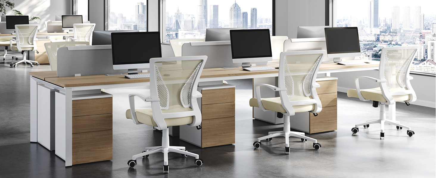 Офісний крісло Yaheetech ергономічне, з сітчастою спинкою, з підлокітниками, для офісу та дому, комп'ютерне крісло, витримує до 136 кг, дихаюче, з функцією гойдання (Бежевий)